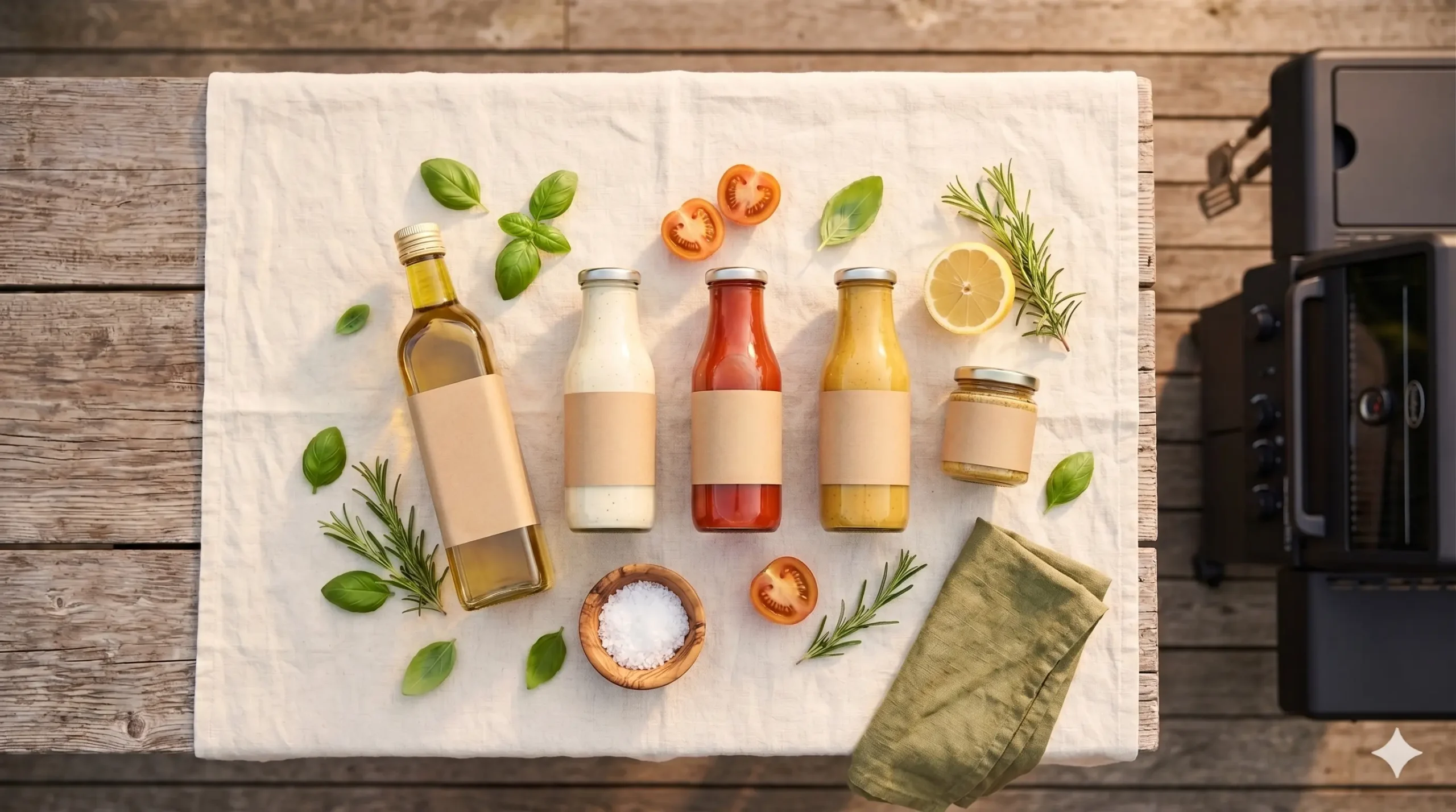 Naturata Aktions-Produkte: BBQ-Saucen, Bratöl, Senf — sommerlich angerichtet