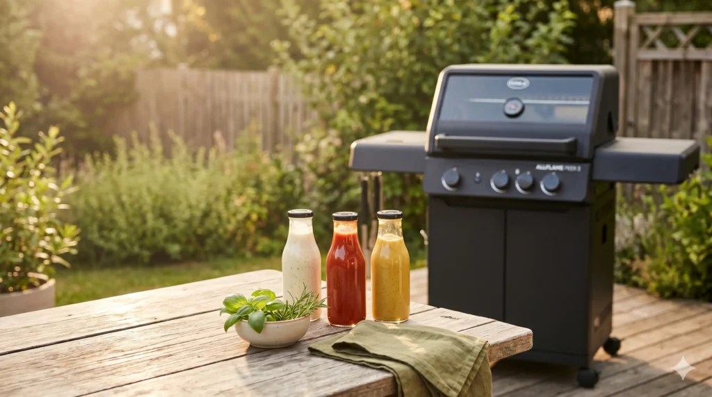 Rösle ALLFLAME Peer 3 Gasgrill mit Naturata-Saucen auf einem sommerlichen Holztisch